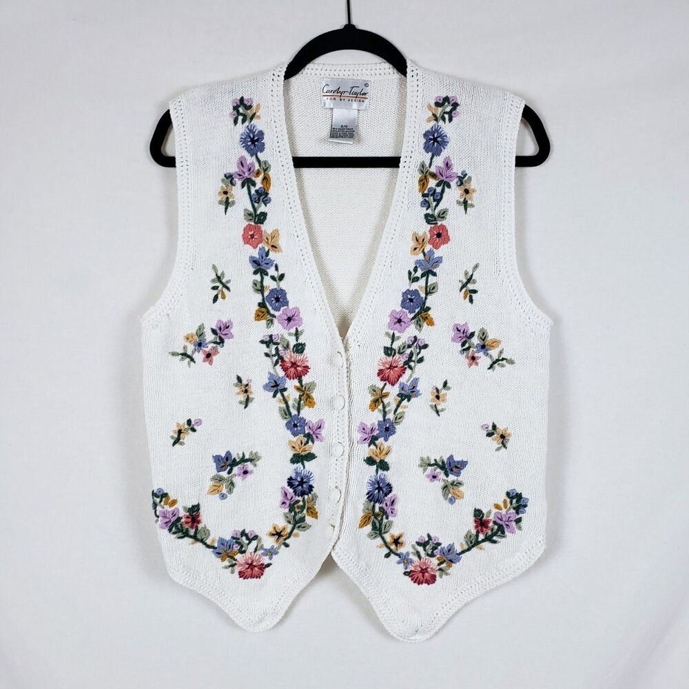 Carolyn Taylor Cottagecore Grandmacore Floral Embroidered Sweater Vest Womens S